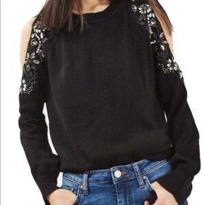 TopShop Cold Shoulder Beaded Jeweled Sweater Black Size 8